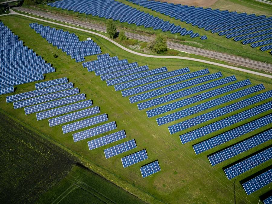 Aerial view of a solar field, representative image